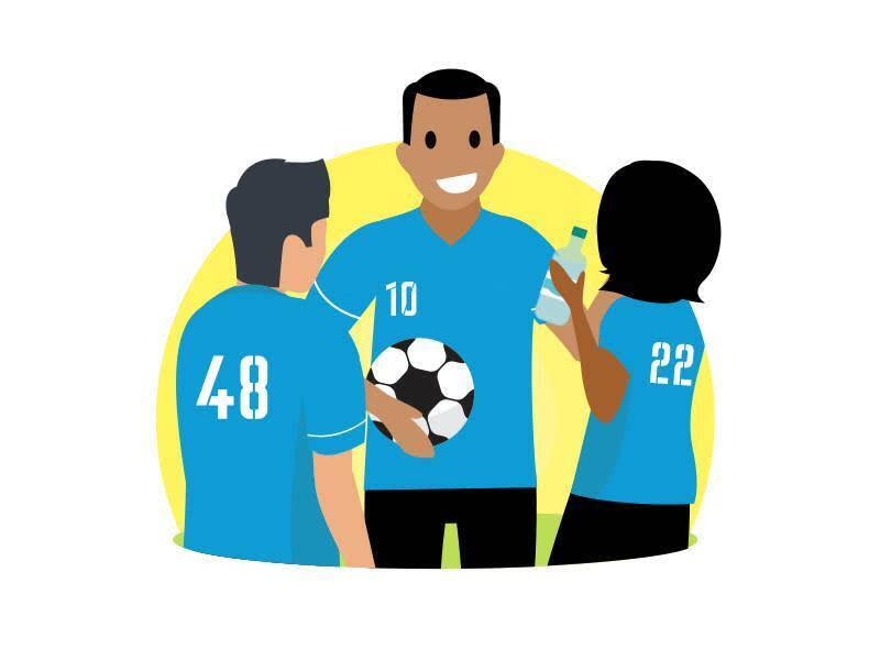 Image of a soccer captain in front of his teammates discussing the next play that will help them win the big game together.