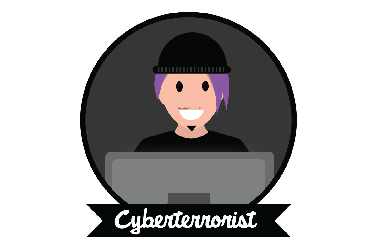Illustration représentant un homme portant un bonnet noir. La mention « Le cyberterroriste » figure en dessous de lui.