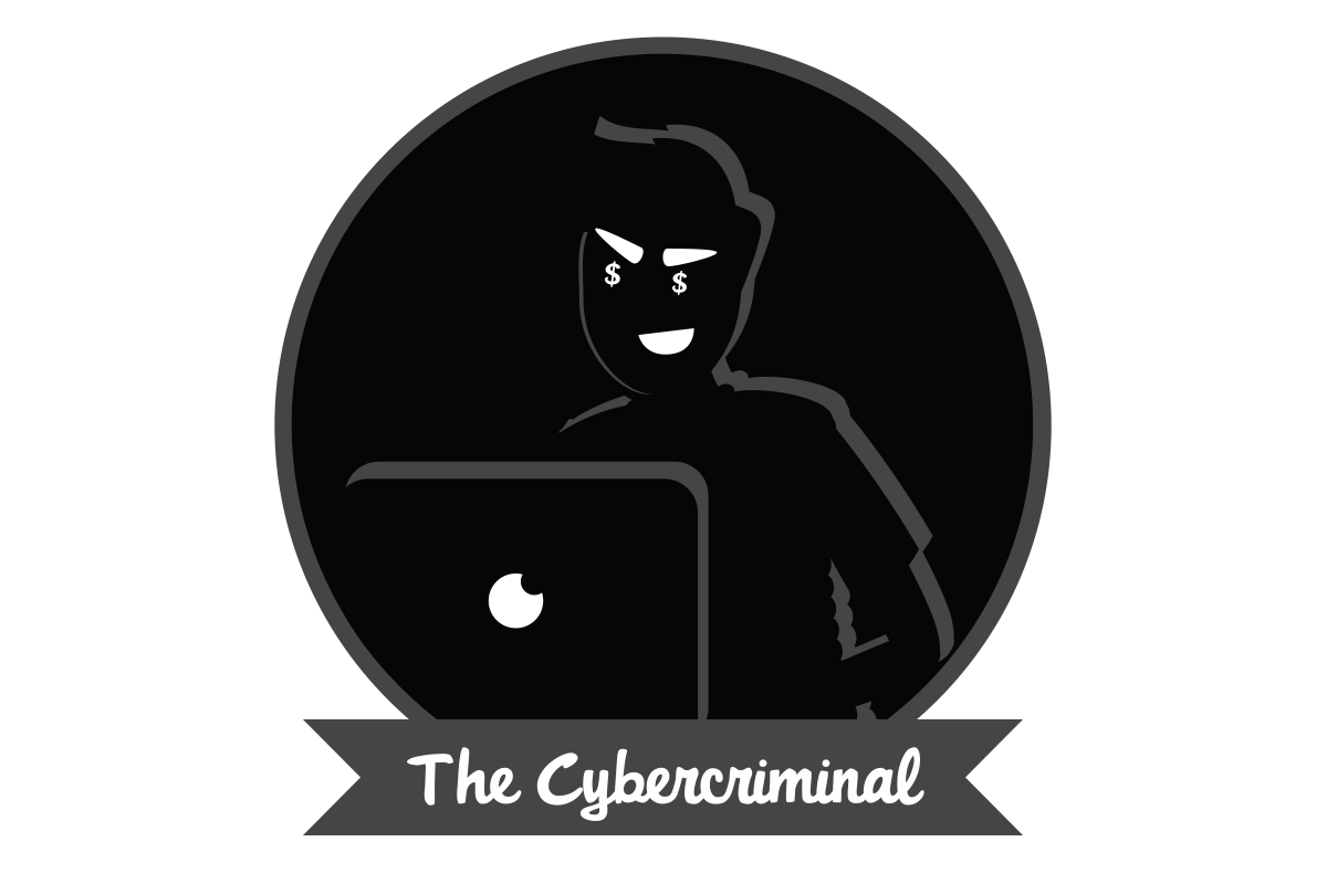 一名男子坐在电脑后面的黑暗房间里，上面写着“The Cybercriminal”（网络犯罪分子）
