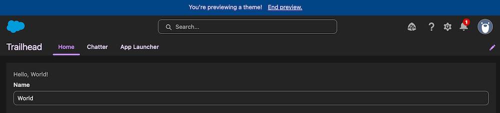 An example Trailhead app Home page with the Hello, World! App and a Name field with the word World in the textbox.
