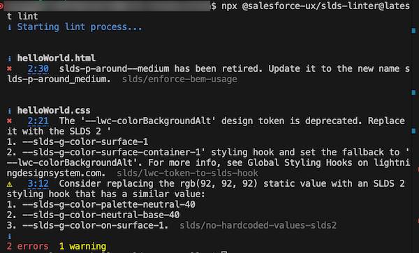 An example SLDS Linter violation report showing one error and one warning in helloWord.css and one error in helloWorld.html.