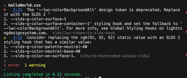 An updated example SLDS Linter violation report now shows one warning and one error in helloWorld.css.