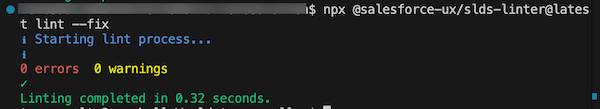 Example SLDS Linter output showing no errors and no warnings.