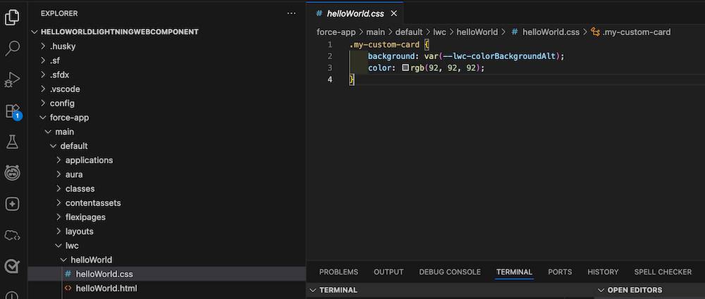 An example view of VS Code Explorer with the helloWorld.css file open.