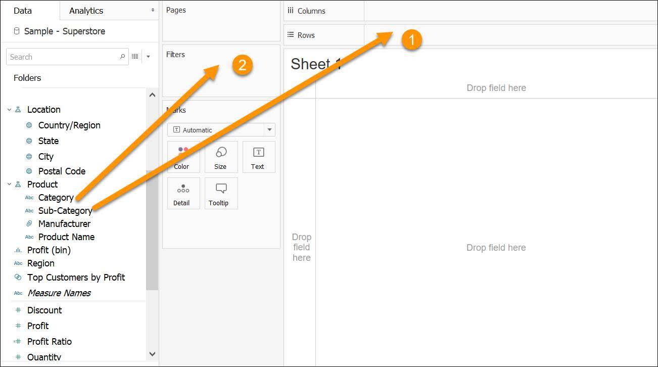 Arrows pointing from fields in the data pane to Columns and Rows (1) and Pages and Filters (2)