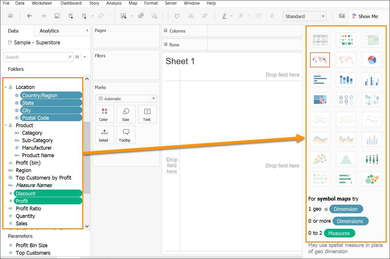 multiple fields chosen in the Data pane highlighted by a box, with an arrow pointing to another box highlighting the Show Me pane with multiple suggested charts