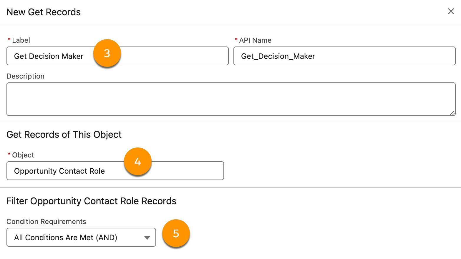 The Get Records panel corresponding to steps 3–5