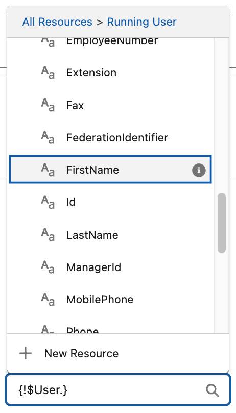 The Running User global variable picklist displays the fields on the User object.