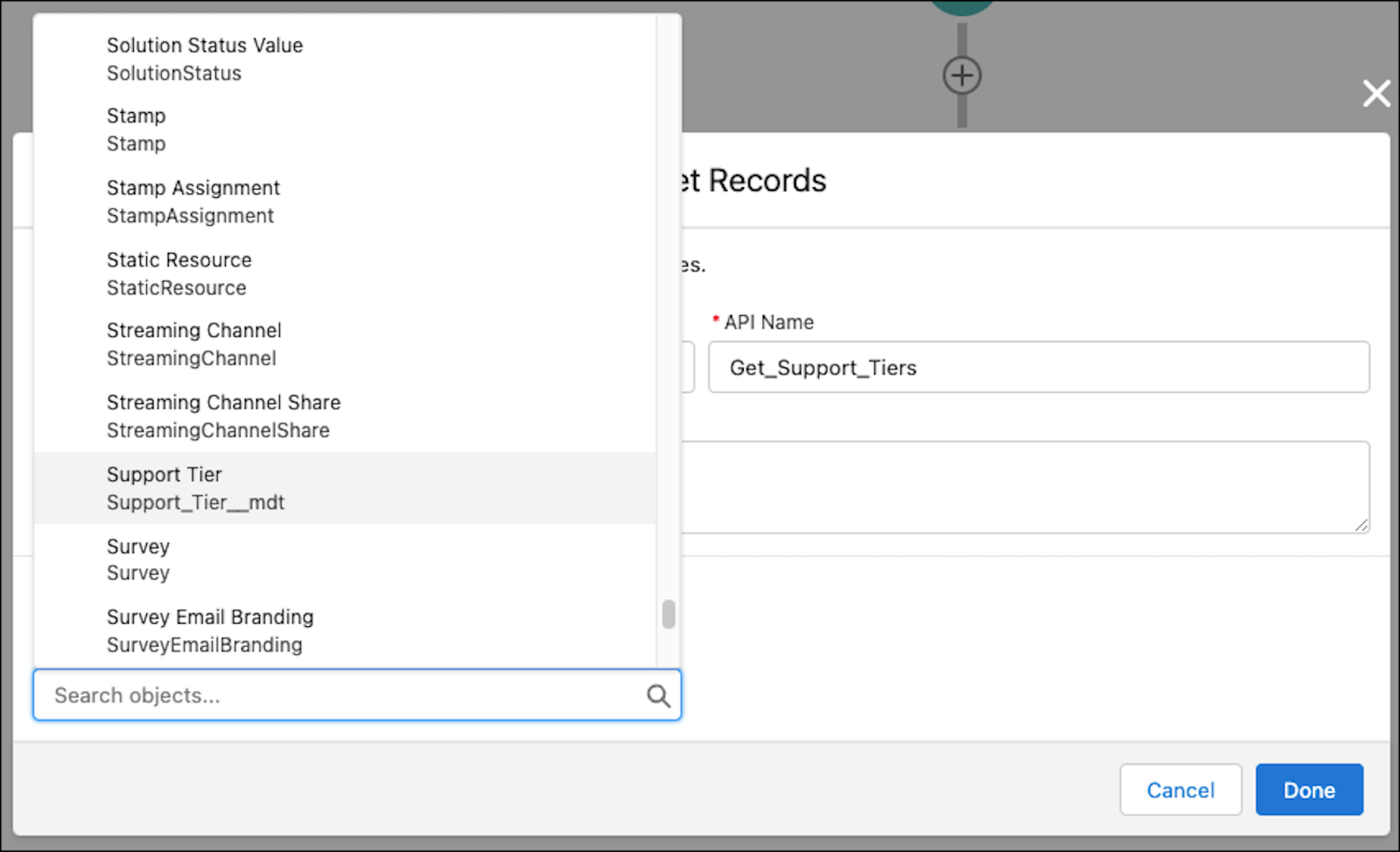 The list of objects selectable from the Object field in the Get Records window, highlighting a custom metadata type.
