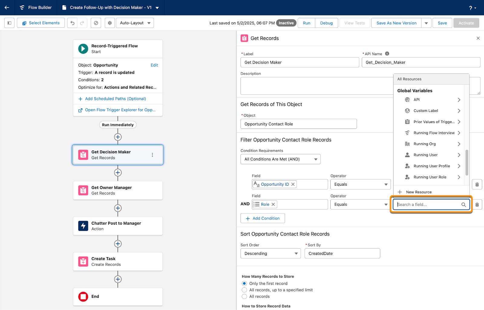 The Get Records panel, setting a condition requirement. The Value field contains “Search a field” as placeholder text below a picklist of Global Variables.