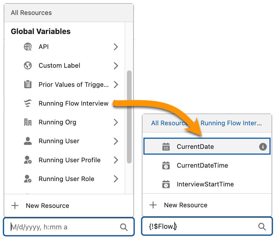 Selecting the Running Flow Interview global variable displays a list of available fields: CurrentDate, CurrentDateTime, and InterviewStartTime.