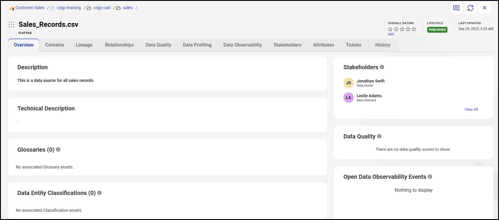 Asset page includes Overview and tabs like Contains, Lineage, Data Quality, and more for managing data elements in CDGC.