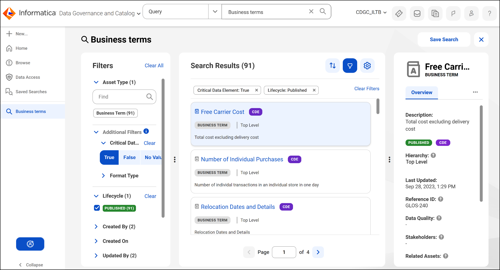 Business Term search results filtered by Critical Data Element and Published lifecycle in CDGC.