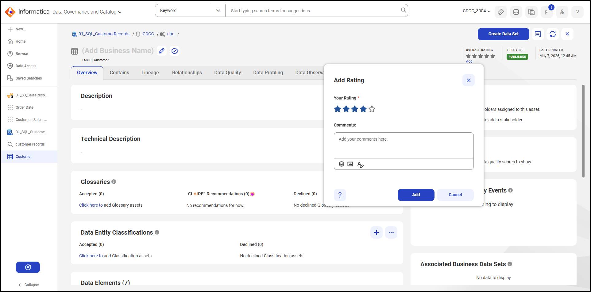 Asset overview with Add Rating dialog open, including a 4-star rating input and comments field.