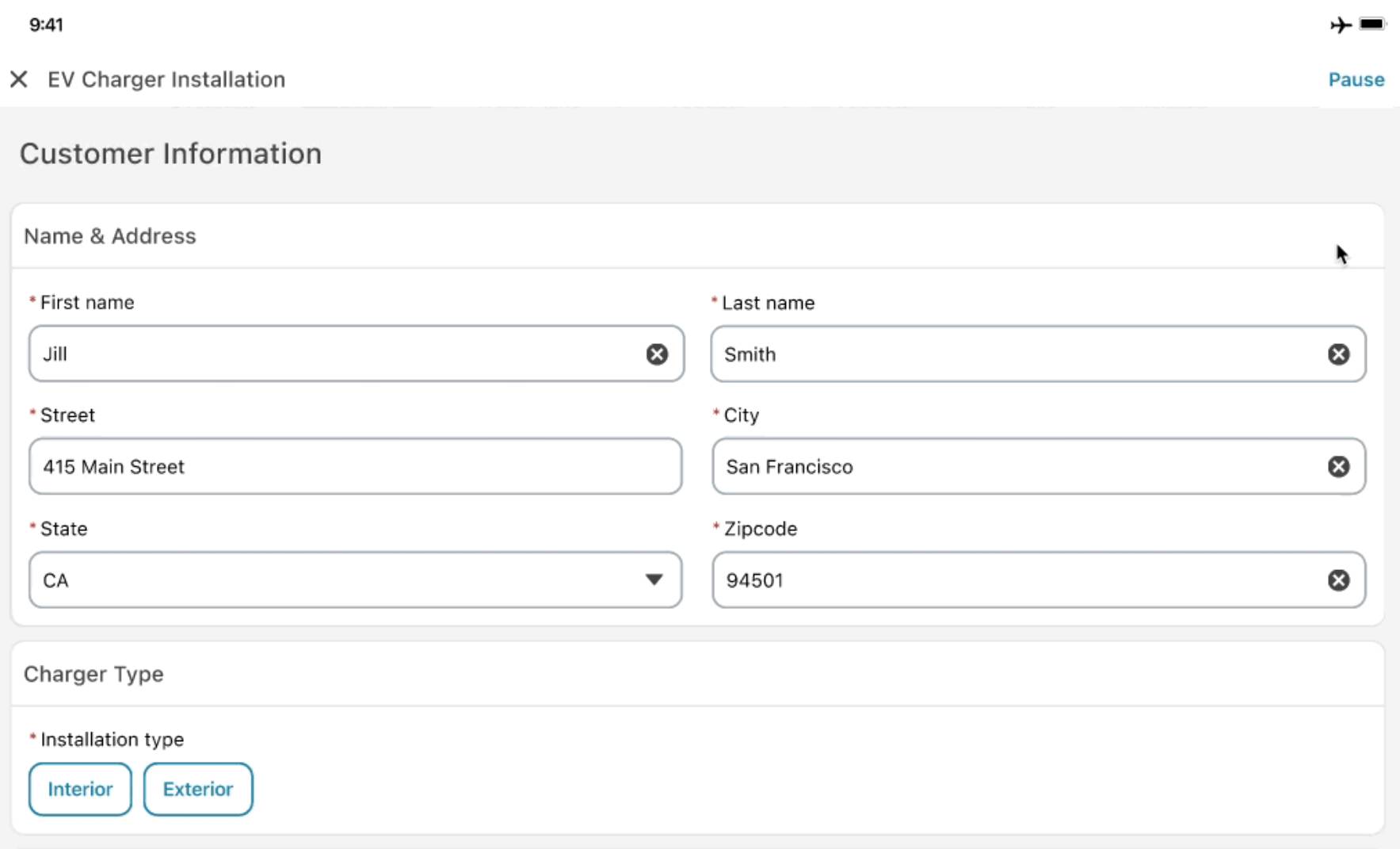 The Data Capture interface on the Field Service mobile app displaying a form layout.