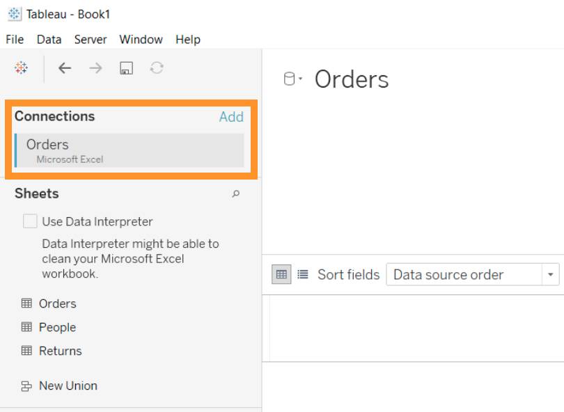 Orders (Pedidos) en Connections (Conexiones) en la página Data Source (Fuente de datos)