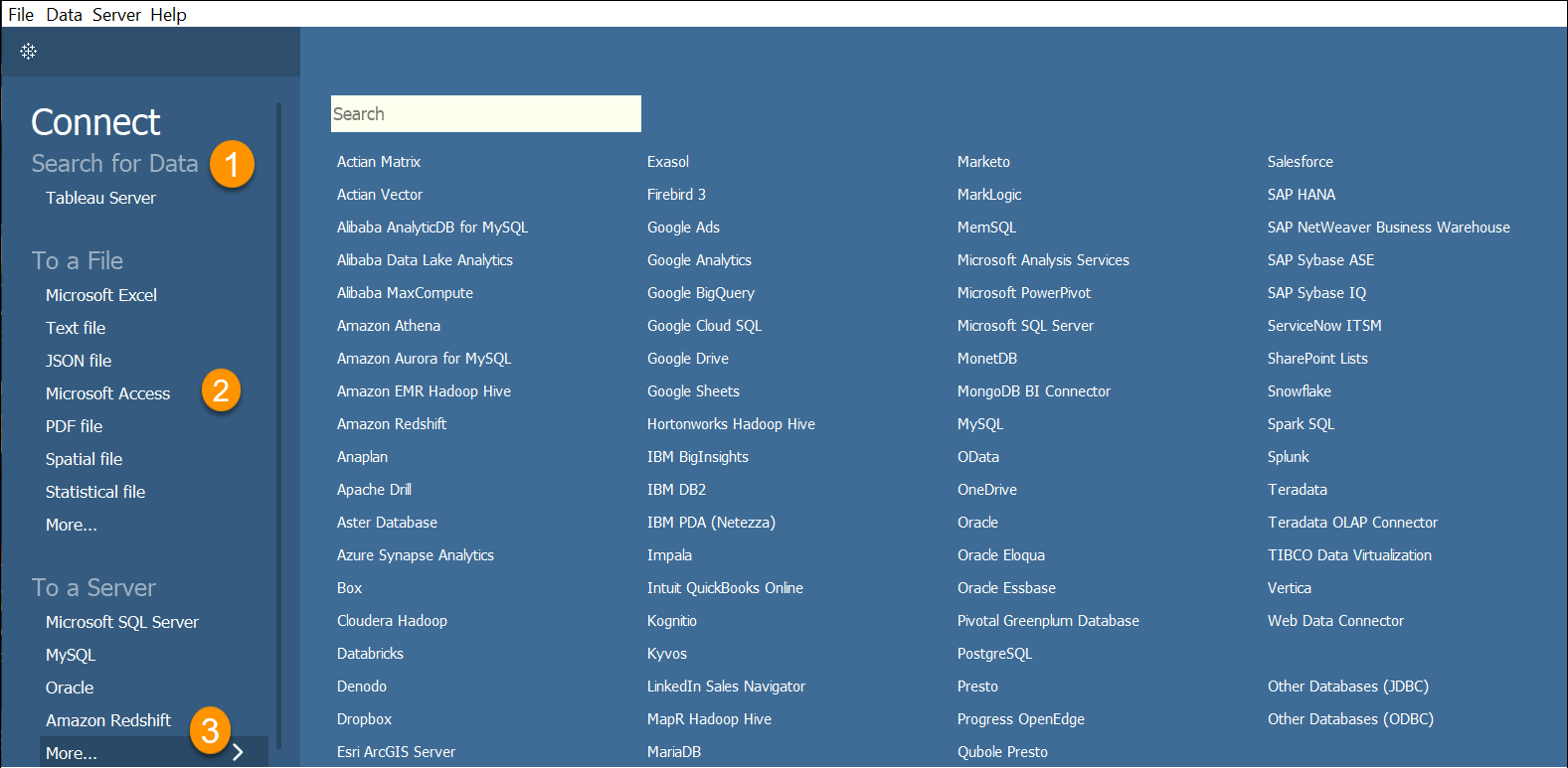 Clic en More (Más) para ver todos los conectores de datos disponibles en Tableau Desktop.
