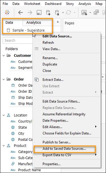 Guardar los cambios de su fuente de datos con la opción Add to Saved Data Sources (Agregar a las fuentes de datos guardadas).