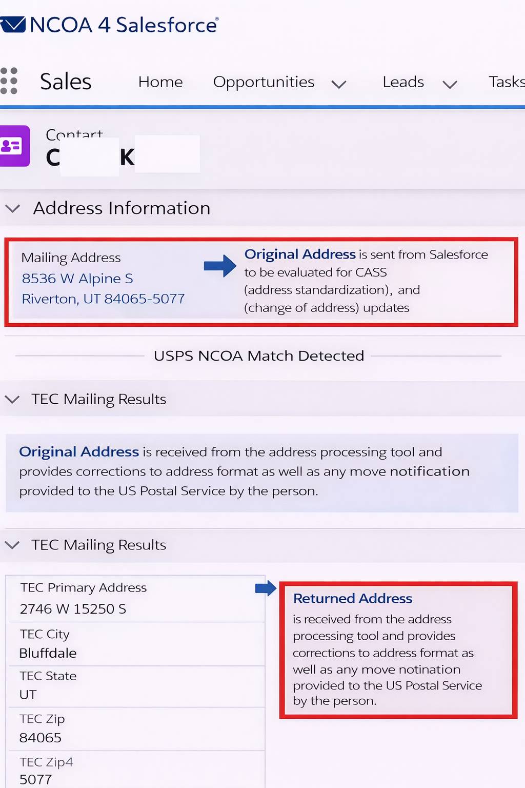 Salesforce interface shows NCOA match: Original address updated to a standardized returned address.