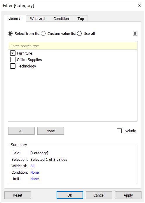Cuadro de dialogo Filter (Filtro) que muestra las categorías en las que puede filtrar dimensiones