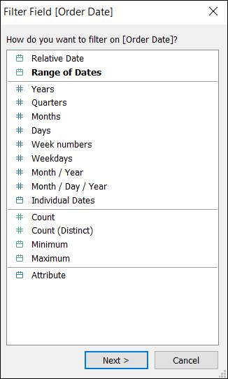 Cuadro de diálogo Filter Field (Campo de filtros) que muestra los tipos de filtro de fecha