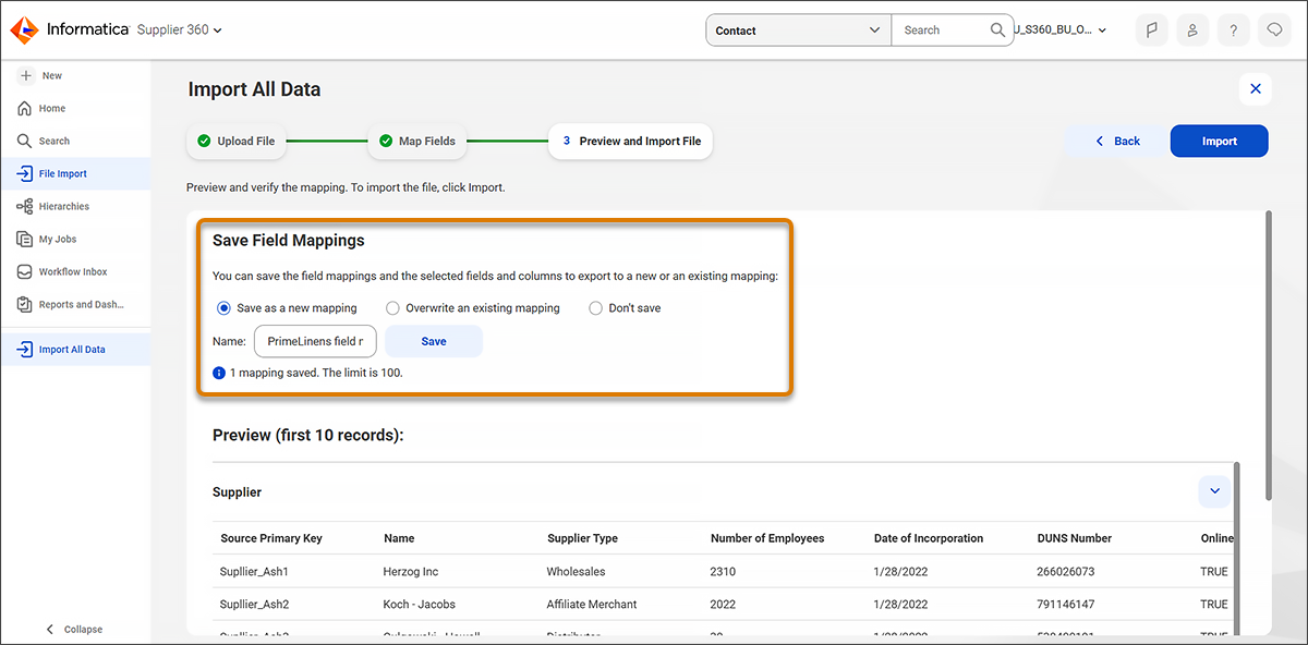 The Preview and Import screen showing Save as a new mapping and PrimeLinens field mapping selected.