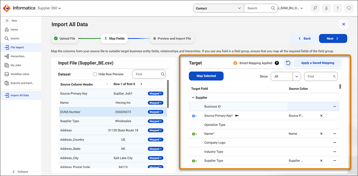 The Map Fields screen within the Import All Data wizard, which includes the Source Column Header list on the left and the Target Field mapping area on the right.
