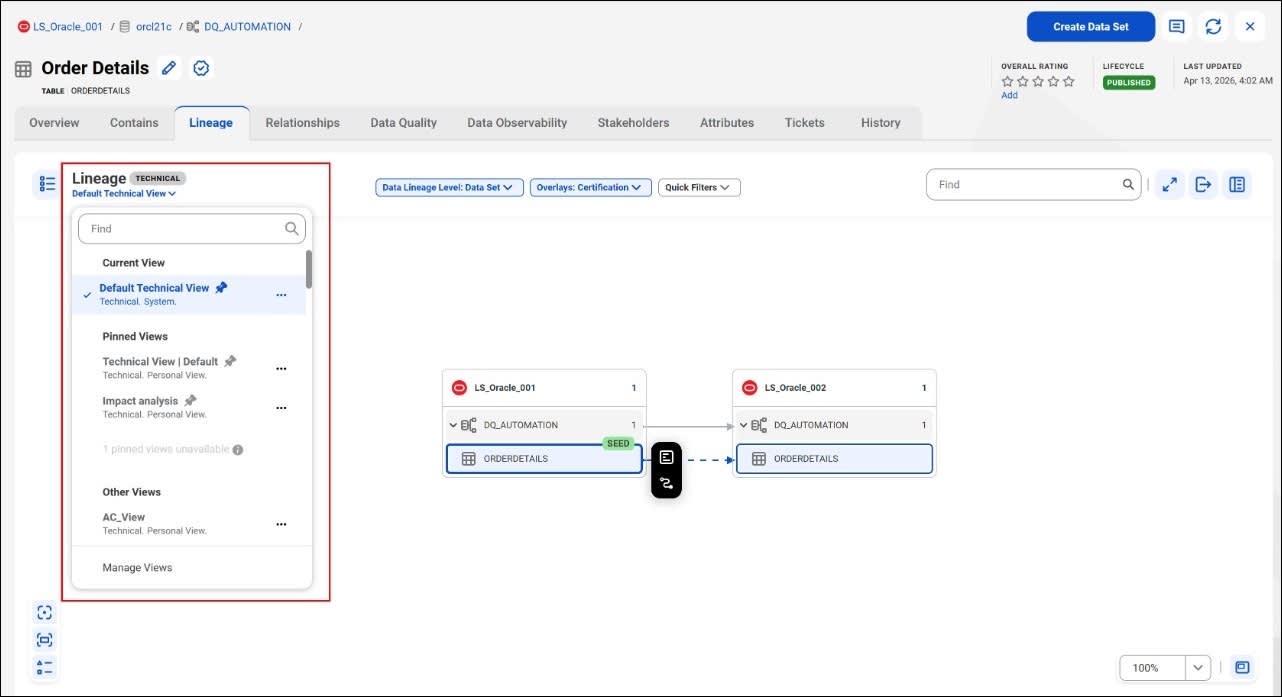 The Lineage tab displays a side panel with Current View, Pinned Views, and Other Views options, which lets users switch between and manage saved lineage views.