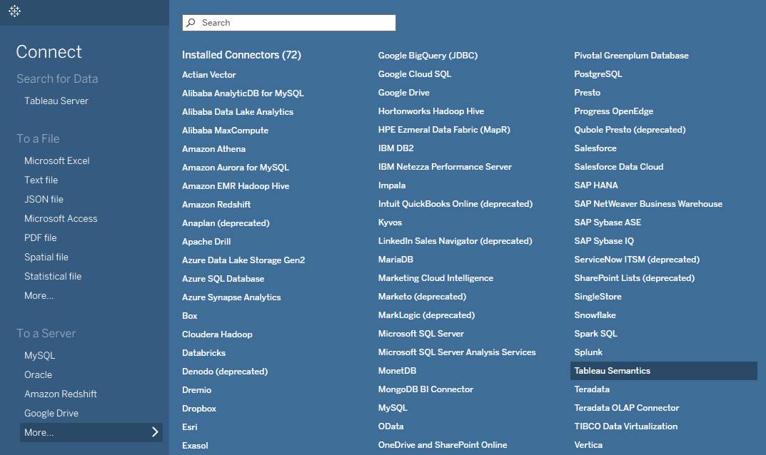 Tableau Desktop の [Connect (接続)] ペインに表示される [Tableau Semantics] コネクタオプション。