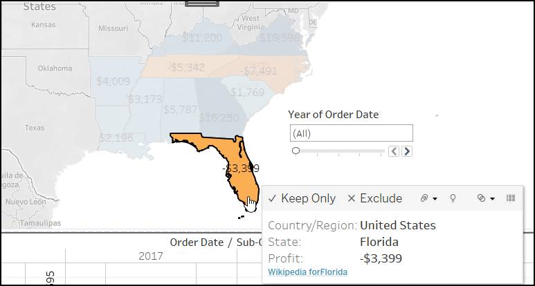 Vista del dashboard ampliada que muestra Florida seleccionado, y la URL a su página de Wikipedia está ahora visible en el menú contextual