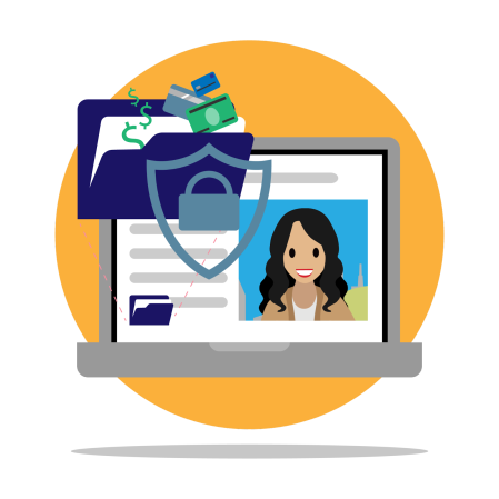 Um laptop mostra uma pessoa solicitando um cartão de crédito online, com uma pasta de arquivo cheia de cifrões e cartões de crédito, sobrepostos por um escudo.