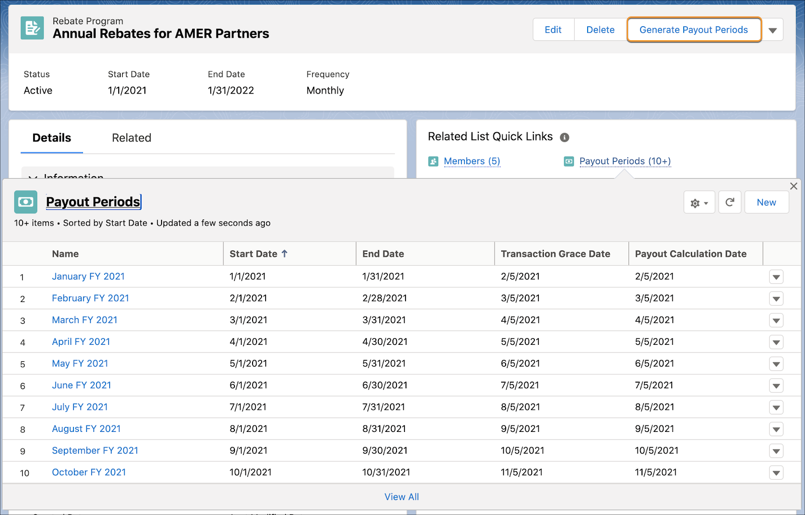 The Generate Payout Periods action on a rebate program record page that allows you to automatically generate payout periods based on the program duration and frequency.