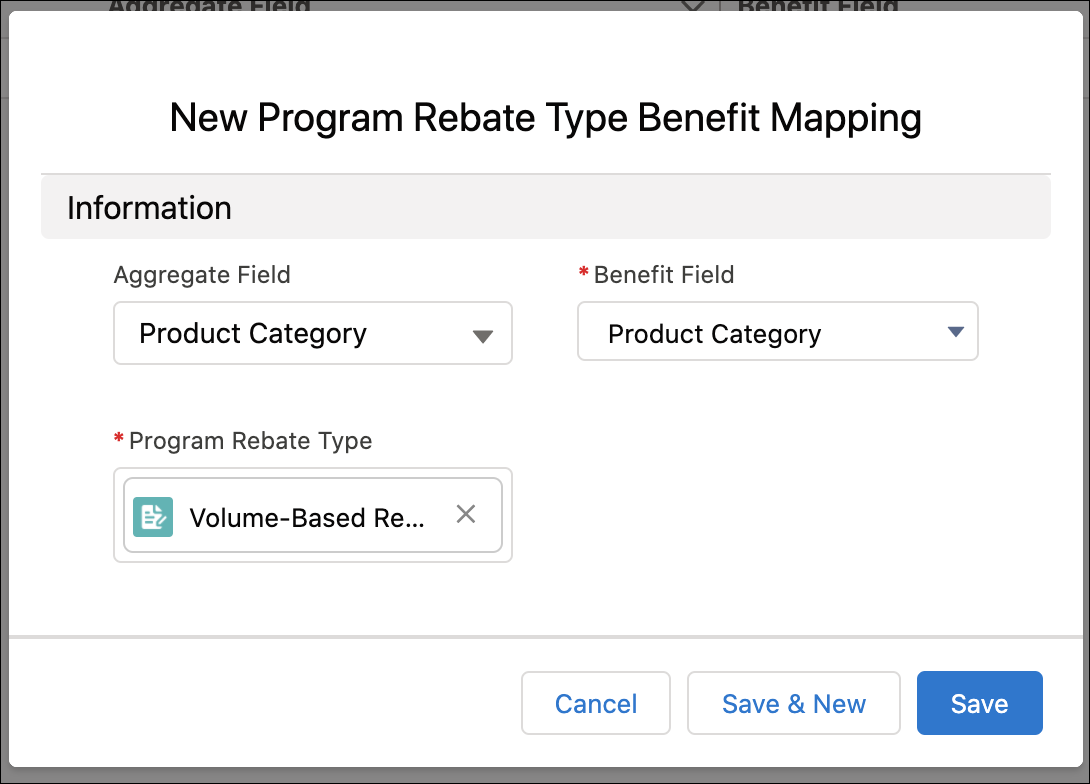 The New Program Rebate Type Benefit Mapping window that allows you to map similar custom fields in aggregate and benefit objects.