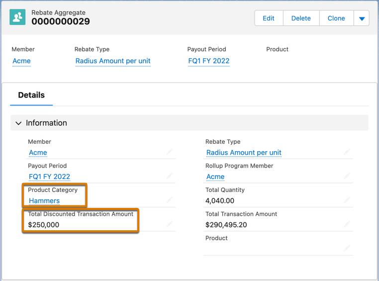 The custom fields Product Category and Discounted Transaction Amount on the Rebate Member Product Aggregate object.