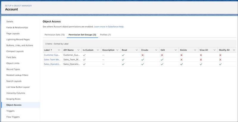 Riepilogo dell'accesso a livello di oggetto in Object Manager (Gestore oggetti) per l'oggetto Account, in cui è selezionata la scheda Permission Set Groups (Gruppi insiemi autorizzazioni).