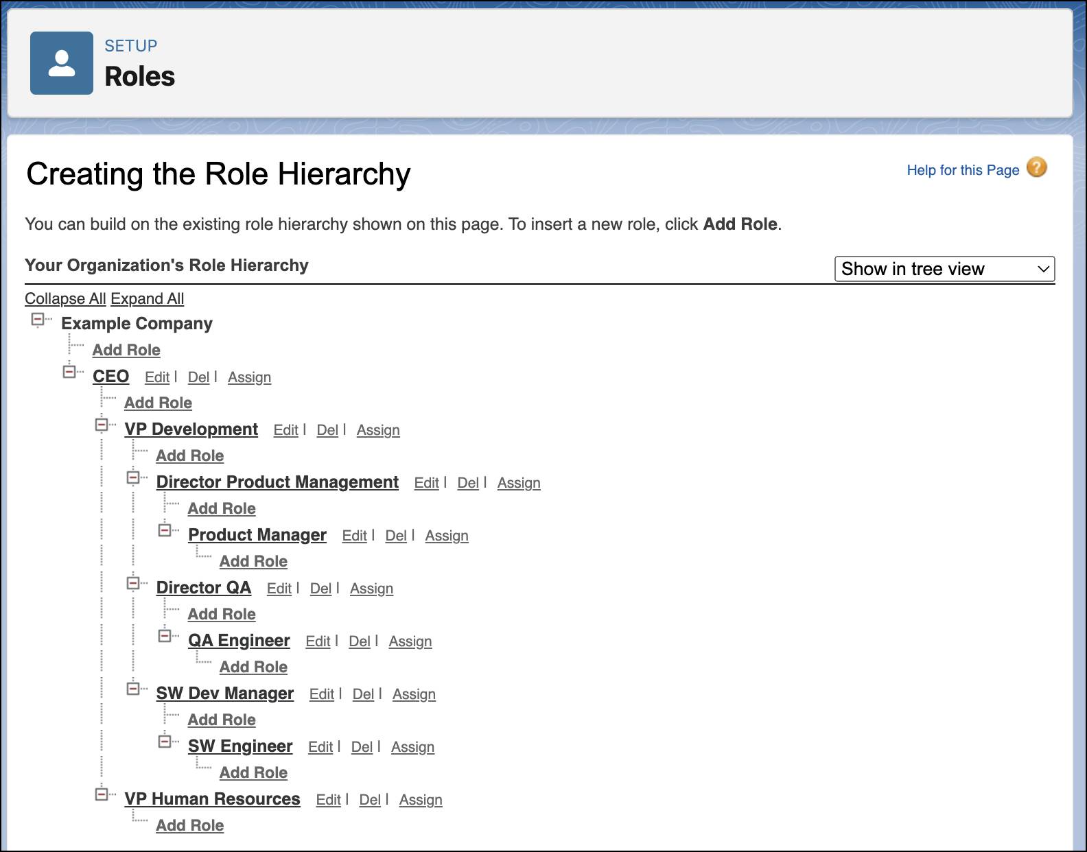 Page Create Role Hierarchy (Création d’une hiérarchie de rôles) avec la vue de l’arborescence sélectionnée.