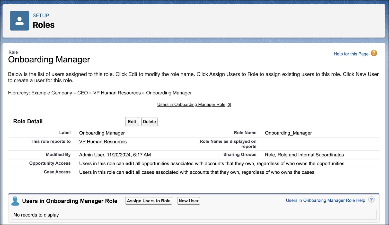La page de Role Details (Détails du rôle) pour le rôle Onboarding Manager (Responsable d’intégration).