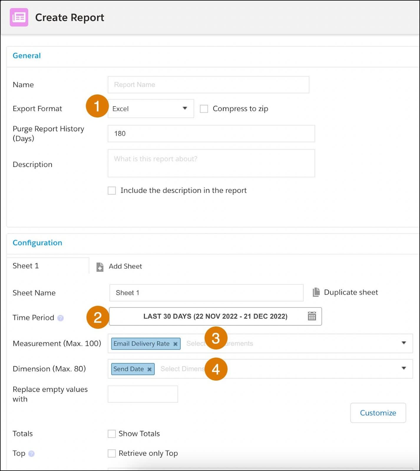 Create Report dialog with numbers