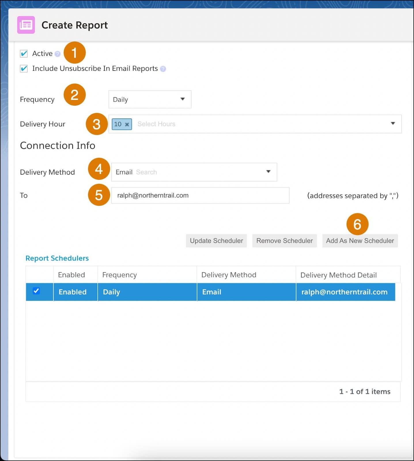 Create Report dialog numbered focusing on Report Scheduling