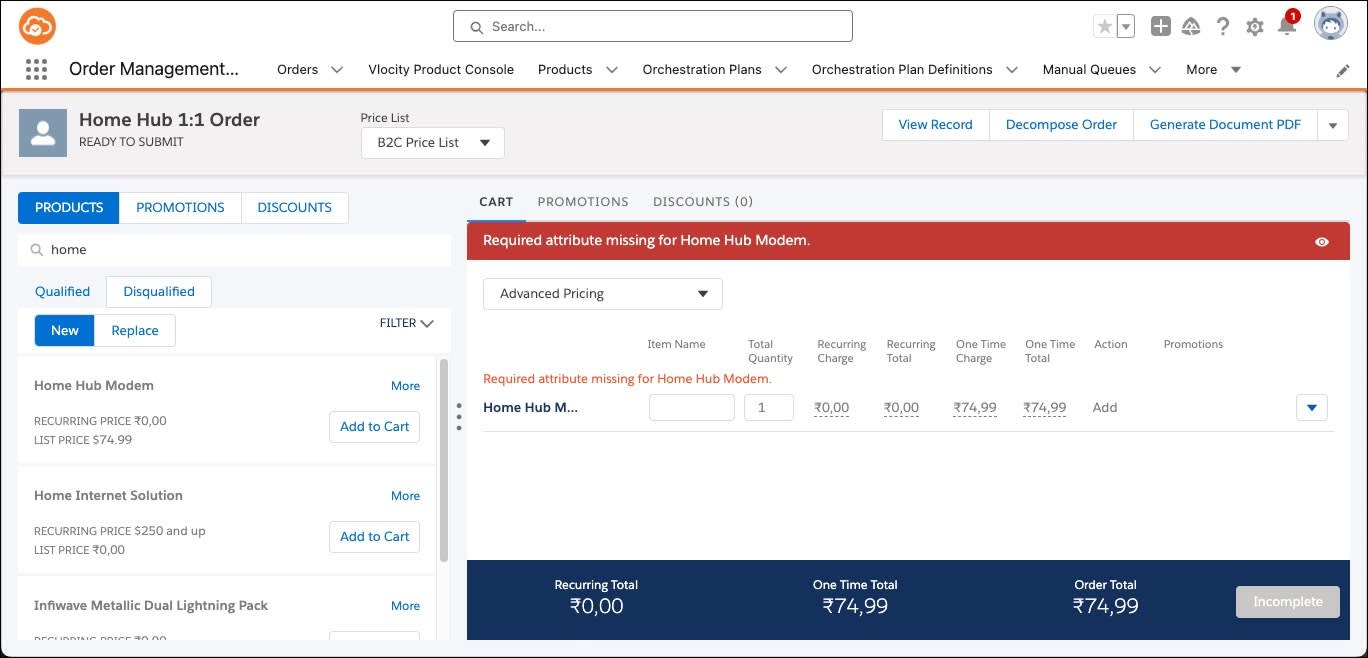 The Cart tab showing notification to configure the product.