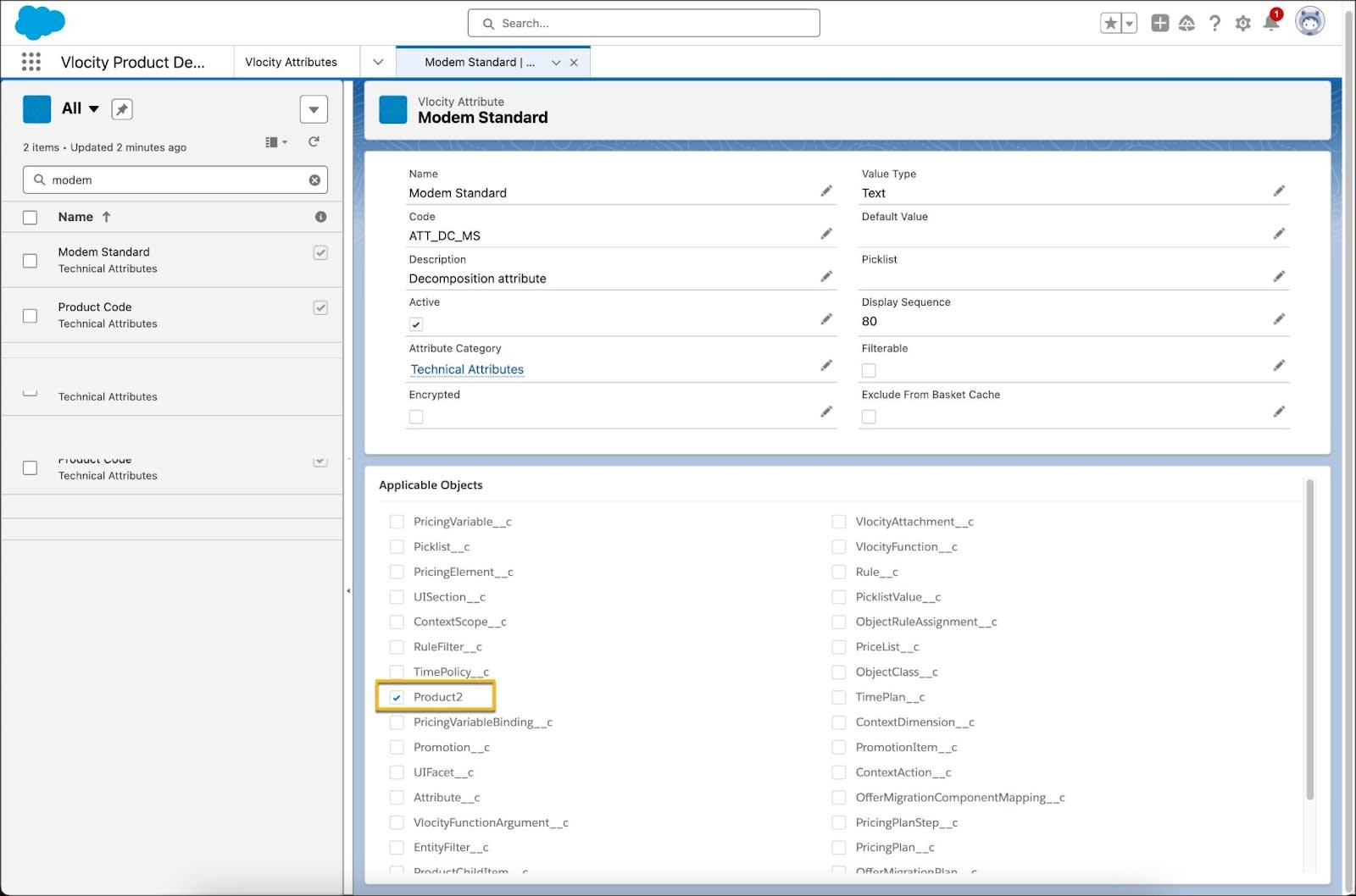 The Modem Standard Vlocity attribute page with Product2 object selected.