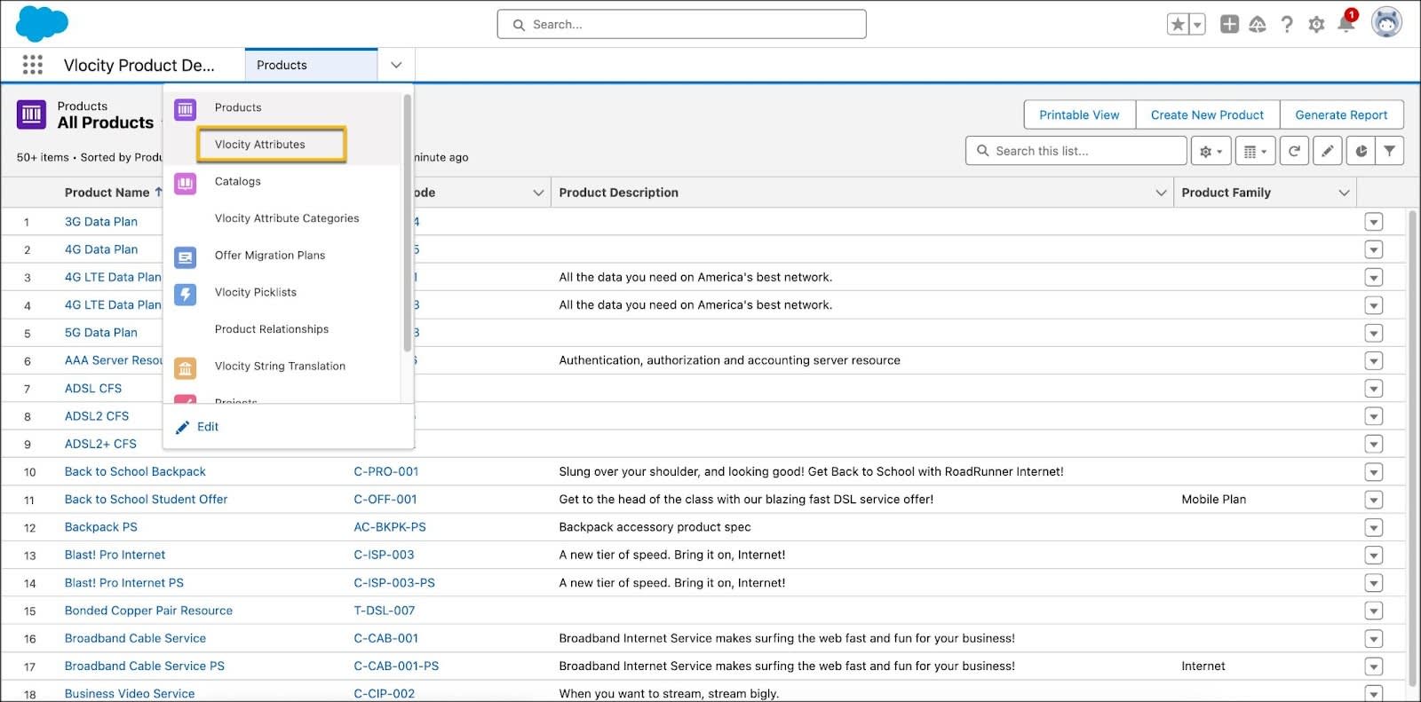 Vlocity Attributes selected in Vlocity Product Designer navigation menu.