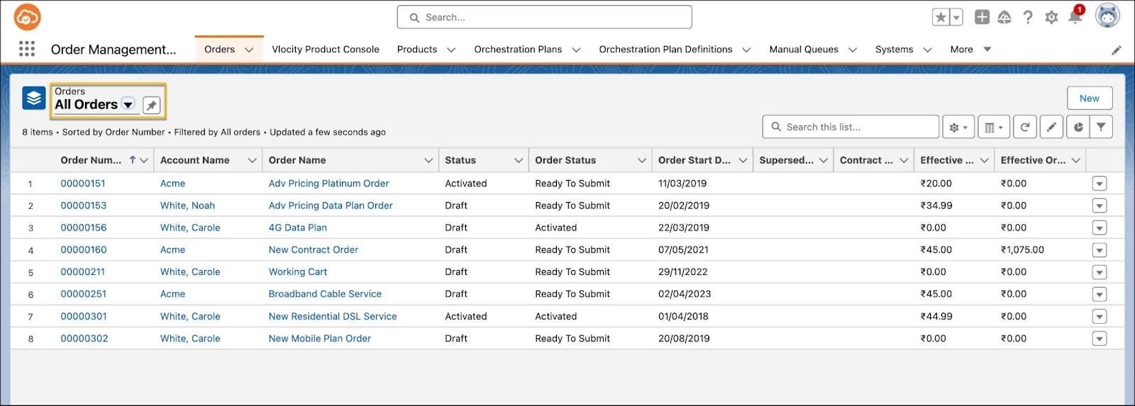 The list of all the orders in Industries OM.