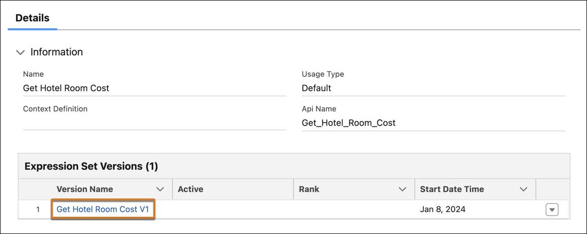The expression set details tab showing the available expression set versions.