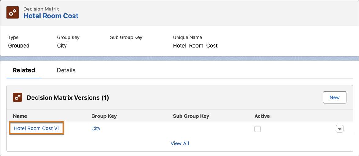 The Hotel Room Cost decision matrix record page showing the available decision matrix versions.