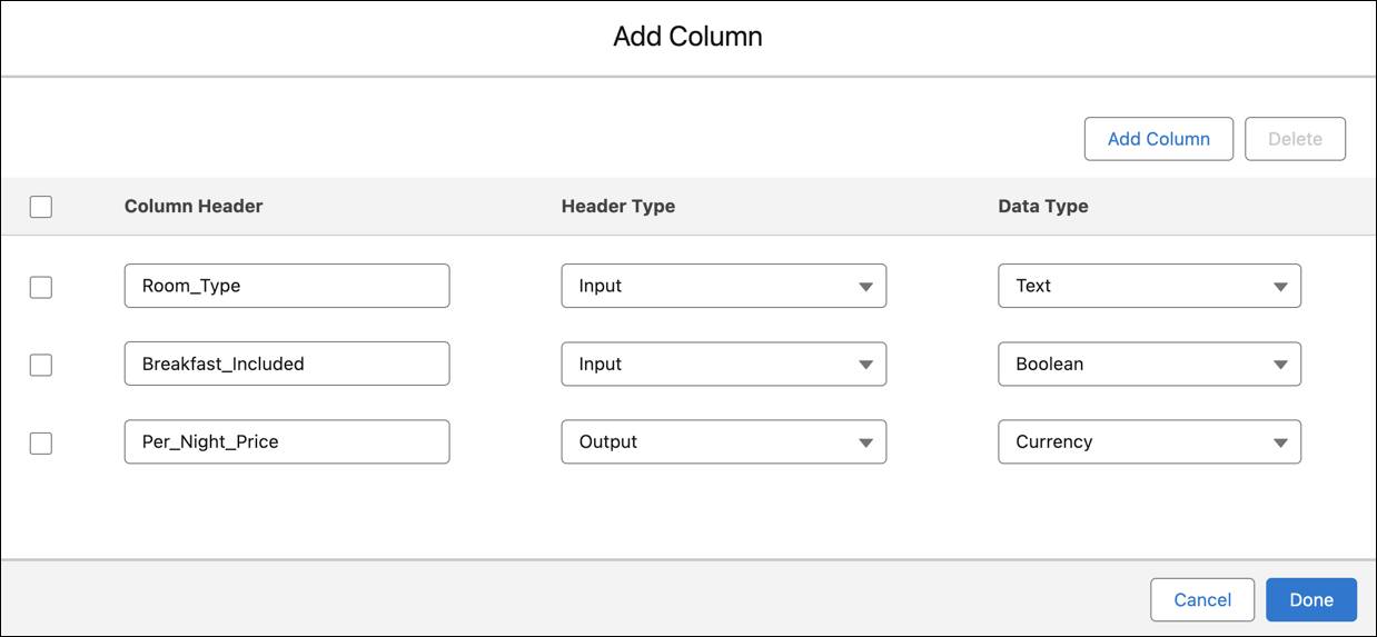 The Add Column window showing the Column Header, Header Type, and Data Type columns, and the corresponding data.