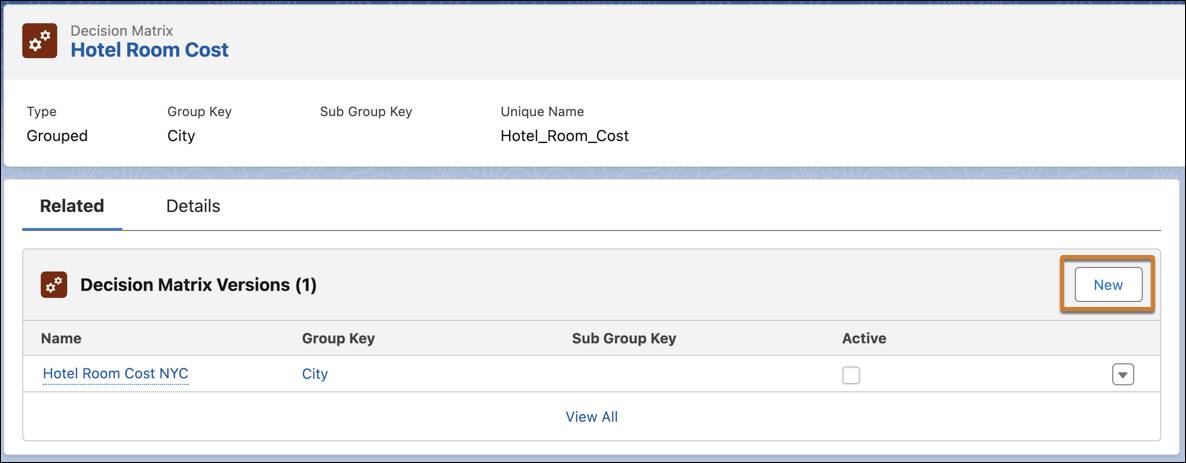 The Hotel Room Cost decision matrix record page showing the available decision matrix versions.