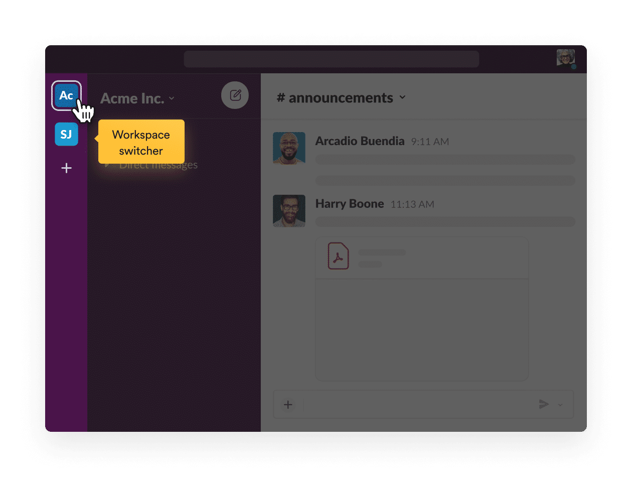 Slack インターフェースの例。ユーザーが別のワークスペースを選択しています。