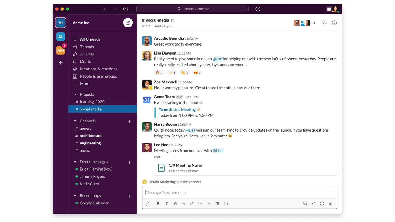 Slack インターフェースの例。