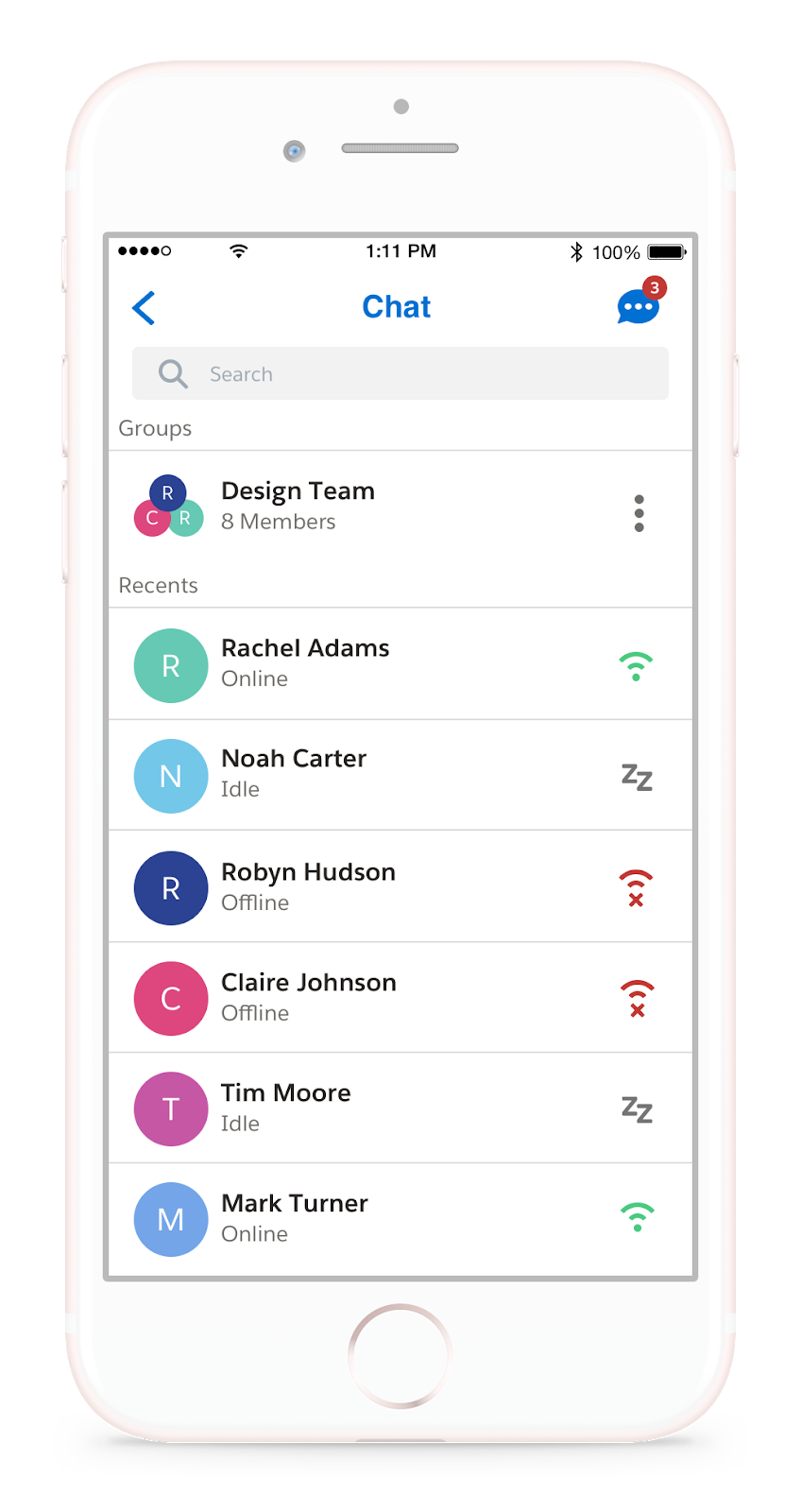Chat application that shows a list of contacts with a green Wi-Fi icon, grey snooze icon, and red offline icon.